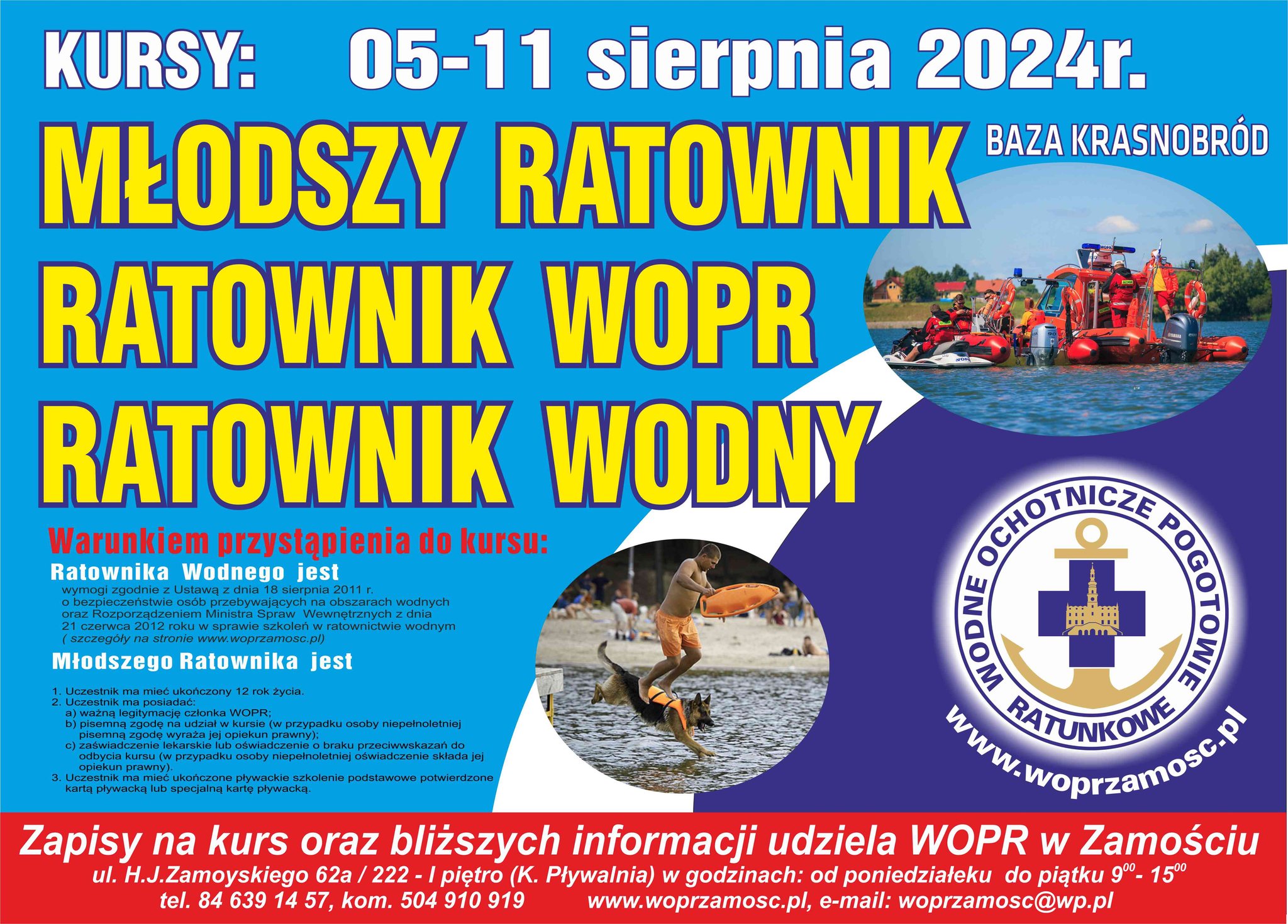 Kurs: Młodszy Ratownik WOPR, Ratownik WOPR, Ratownik Wodny - 05-11.08.2024